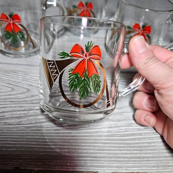 Set of 4 Clear horn pine red bow gold accent glass christmas mugs - Picture 2 of 7